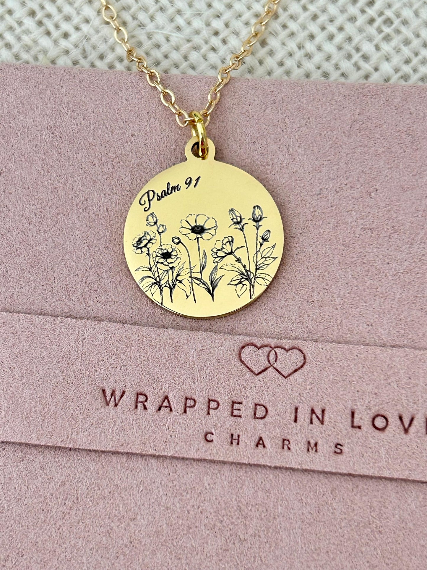 Psalm 91 Personalized Engraved Flower Necklace, 14K Gold Plated, Birthday Gift for Her, Flower Bouquet Necklace