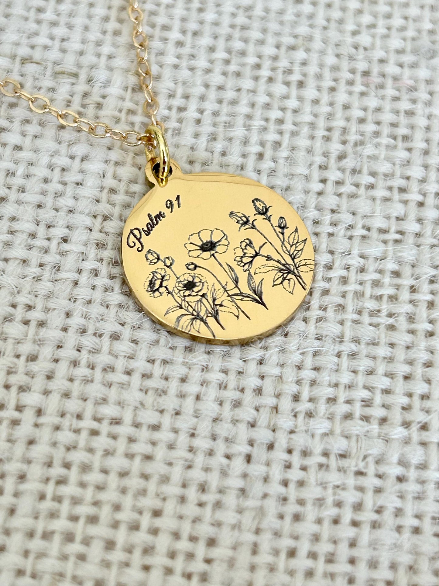 Psalm 91 Personalized Engraved Flower Necklace, 14K Gold Plated, Birthday Gift for Her, Flower Bouquet Necklace