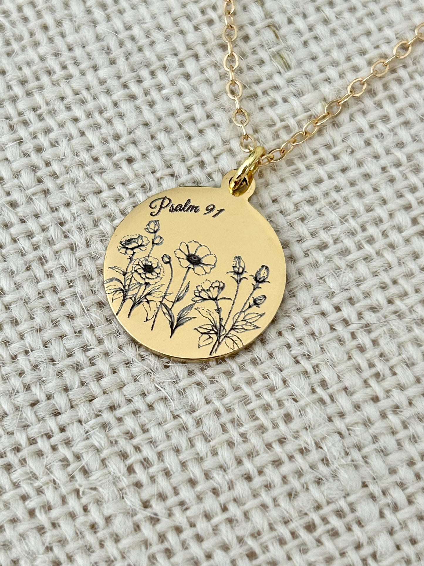 Psalm 91 Personalized Engraved Flower Necklace, 14K Gold Plated, Birthday Gift for Her, Flower Bouquet Necklace