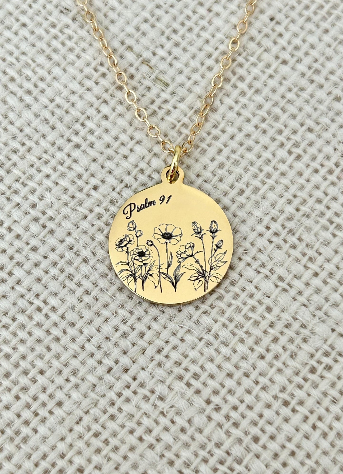 Psalm 91 Personalized Engraved Flower Necklace, 14K Gold Plated, Birthday Gift for Her, Flower Bouquet Necklace