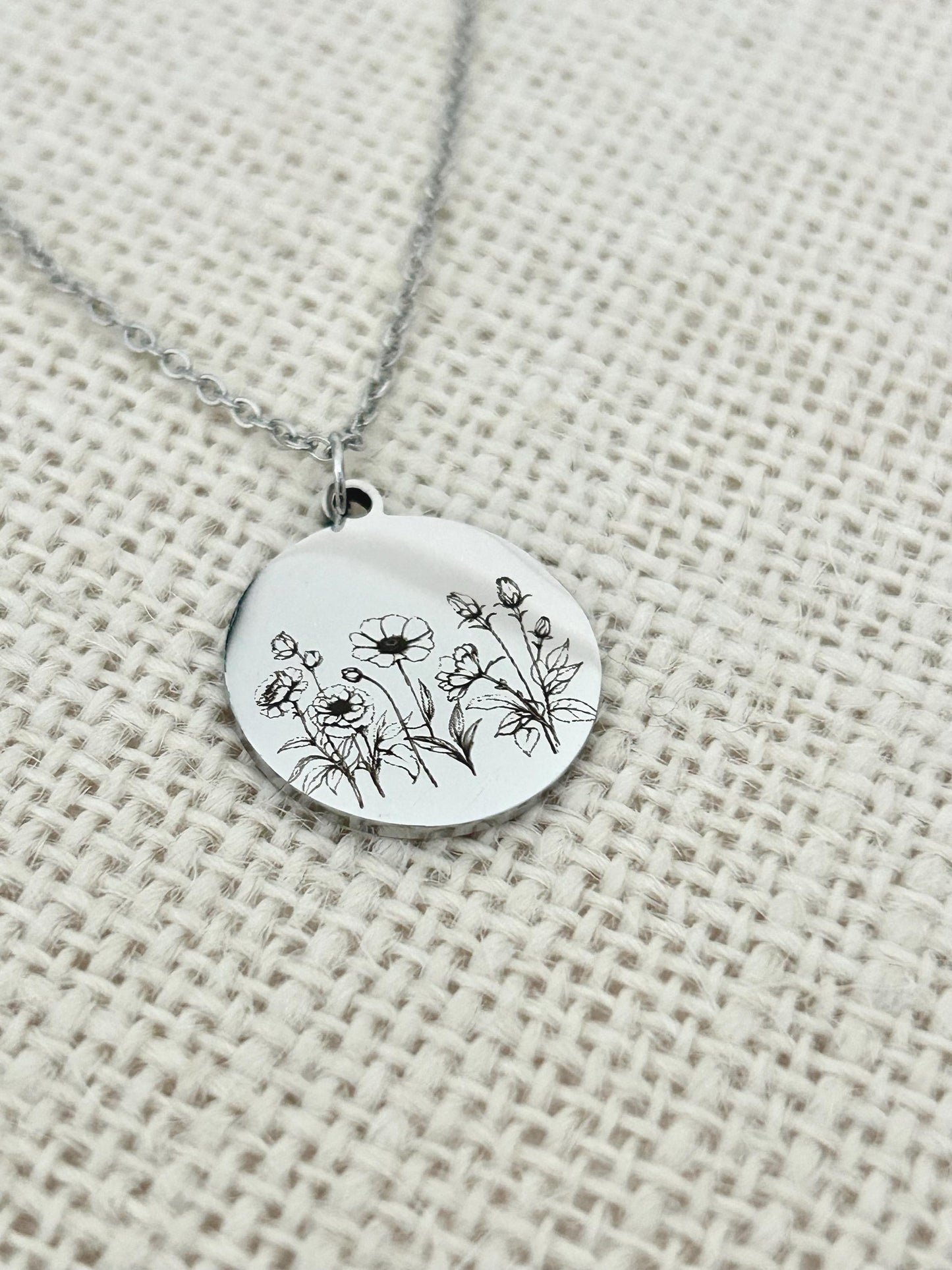 Personalized Engraved Flower Necklace, 14K Gold Plated or Stainless Steel, Birthday Gift for Her, Flower Bouquet Necklace