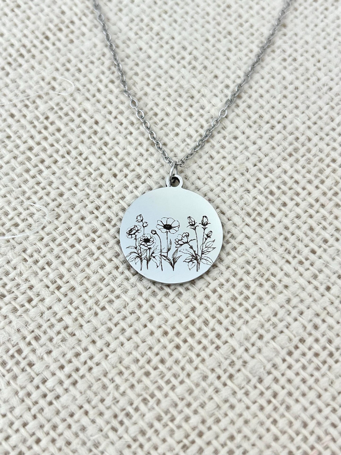 Personalized Engraved Flower Necklace, 14K Gold Plated or Stainless Steel, Birthday Gift for Her, Flower Bouquet Necklace