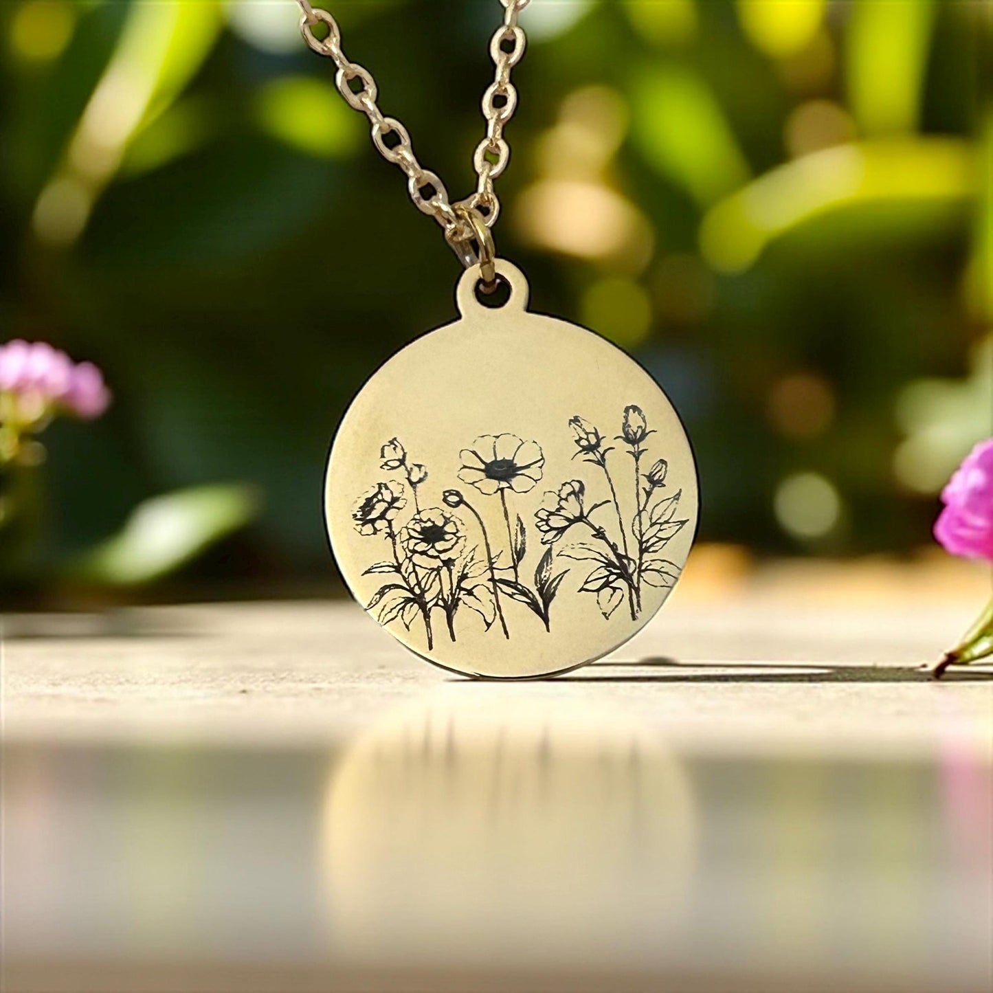 Personalized Engraved Flower Necklace, 14K Gold Plated or Stainless Steel, Birthday Gift for Her, Flower Bouquet Necklace