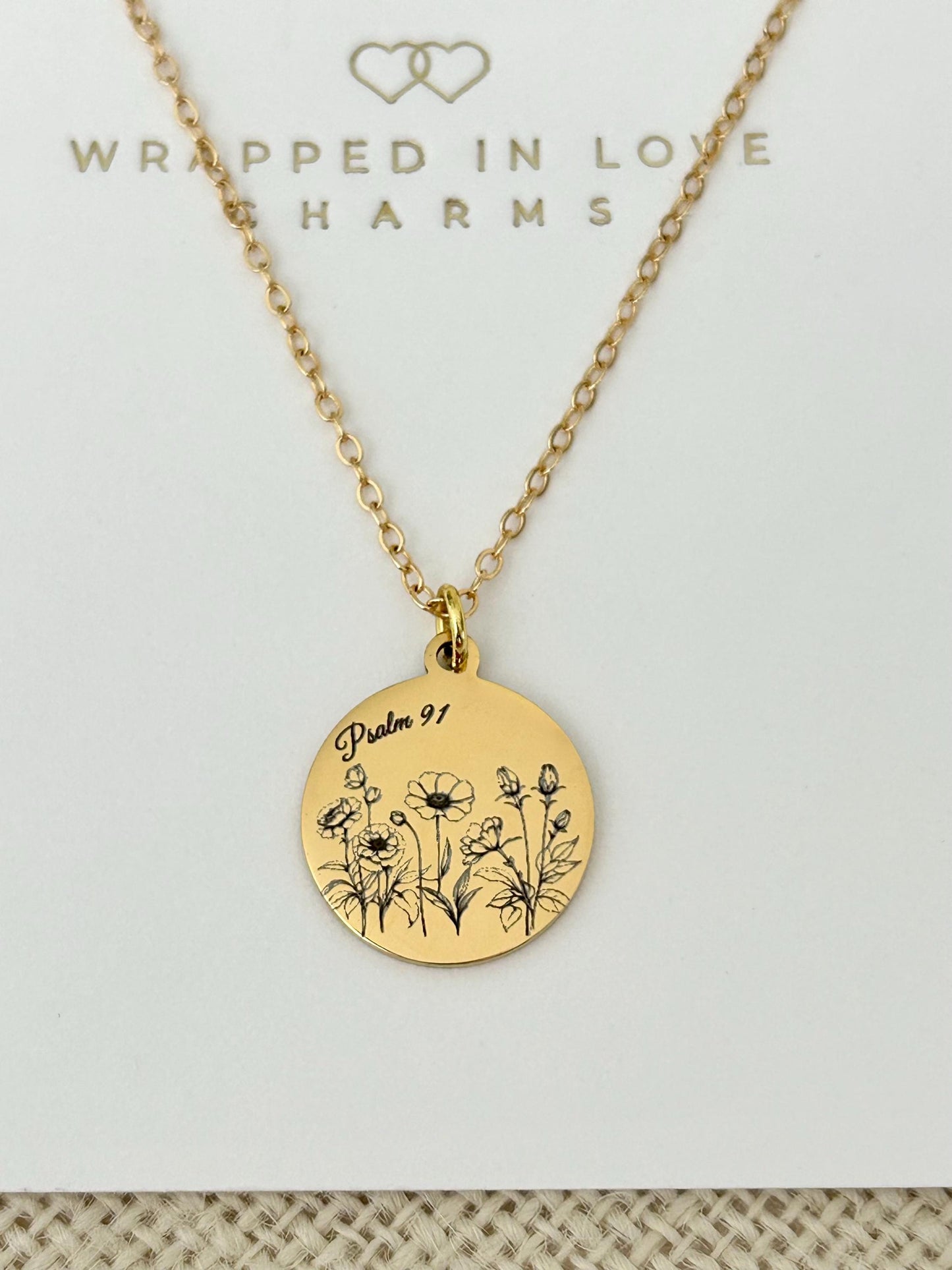 Psalm 91 Personalized Engraved Flower Necklace, 14K Gold Plated, Birthday Gift for Her, Flower Bouquet Necklace