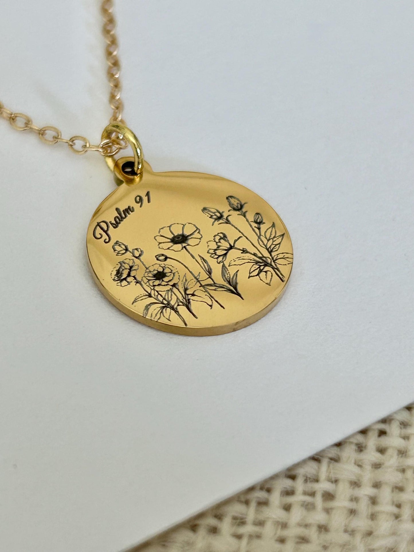 Psalm 91 Personalized Engraved Flower Necklace, 14K Gold Plated, Birthday Gift for Her, Flower Bouquet Necklace