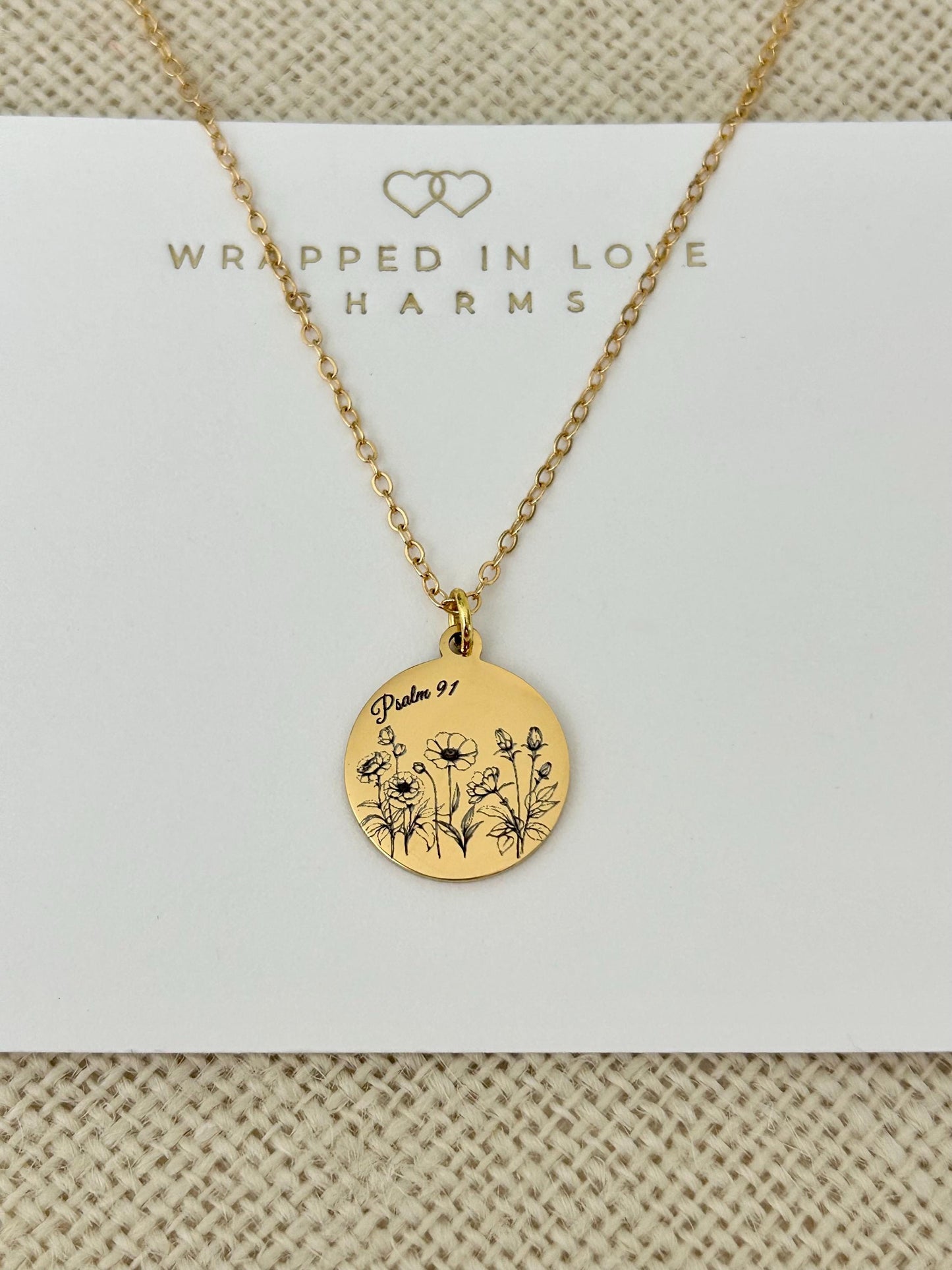 Psalm 91 Personalized Engraved Flower Necklace, 14K Gold Plated, Birthday Gift for Her, Flower Bouquet Necklace