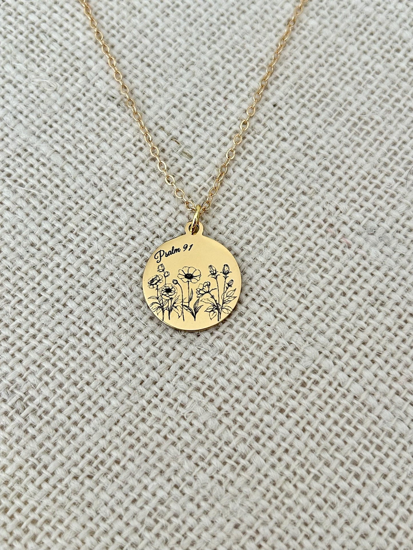Psalm 91 Personalized Engraved Flower Necklace, 14K Gold Plated, Birthday Gift for Her, Flower Bouquet Necklace