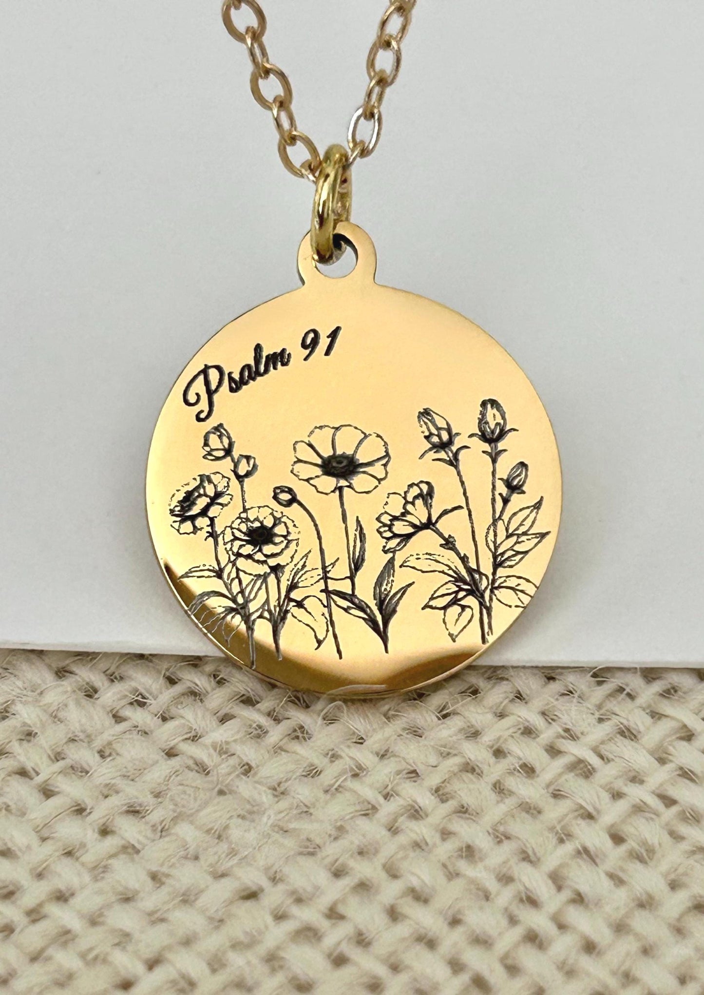 Psalm 91 Personalized Engraved Flower Necklace, 14K Gold Plated, Birthday Gift for Her, Flower Bouquet Necklace