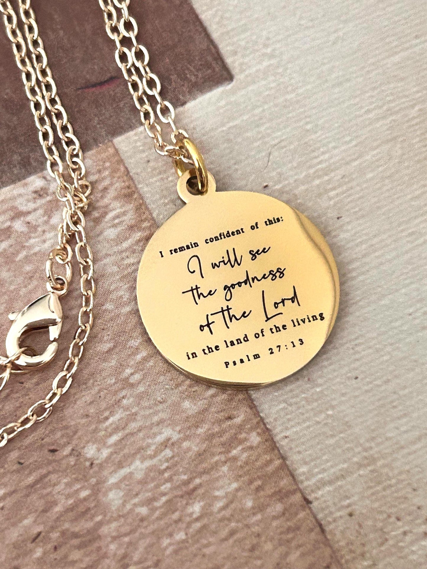 Psalm 27:13 Bible Verse Necklace I will see the goodness of the Lord Christian Gifts Personalized Jewelry Engraved Scripture Charm