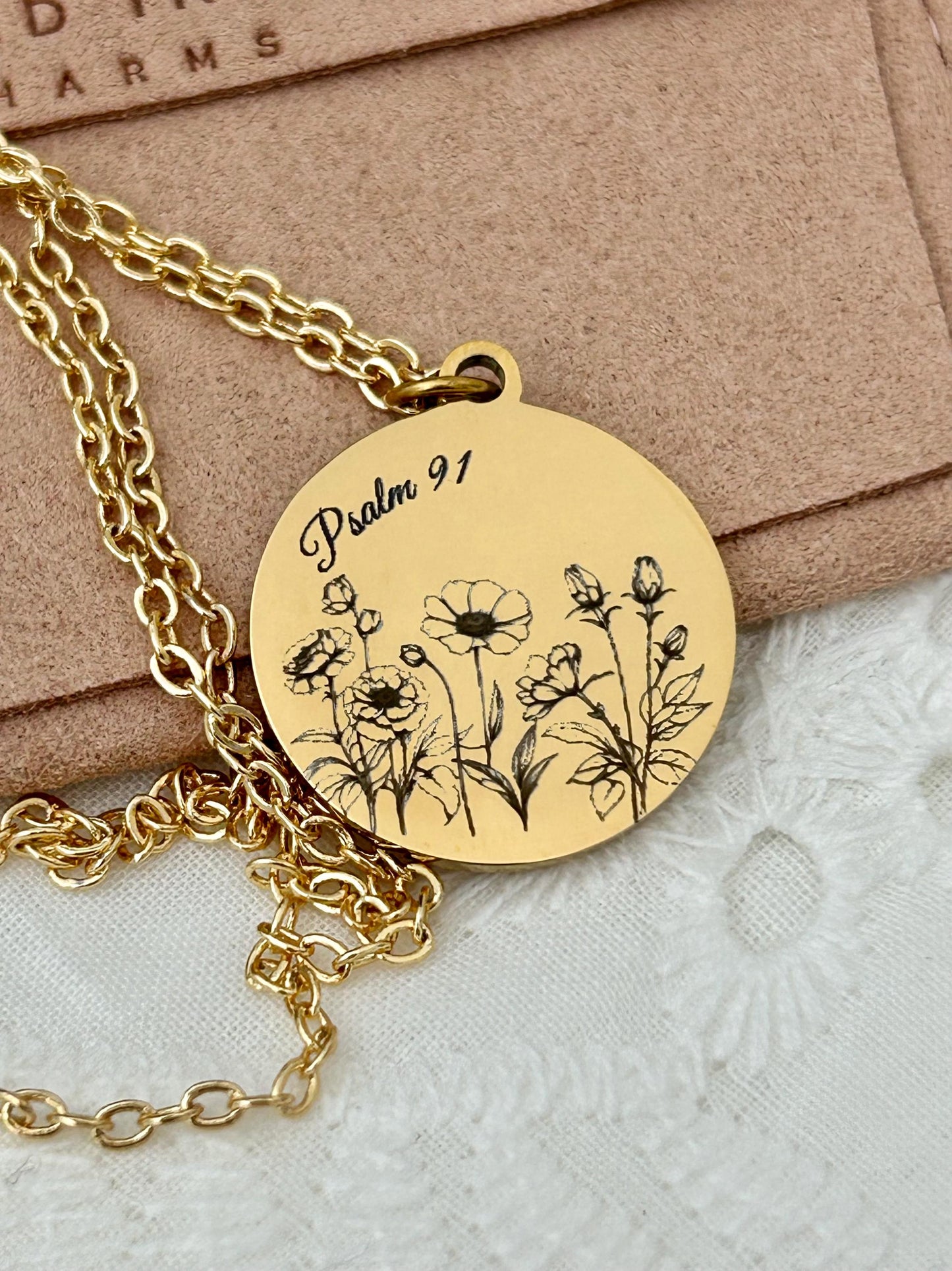 Psalm 91 Necklace for Protection | Engraved Flower Bouquet Pendant | Christian Gift for Women | Faith Jewelry Mothers Day Gift