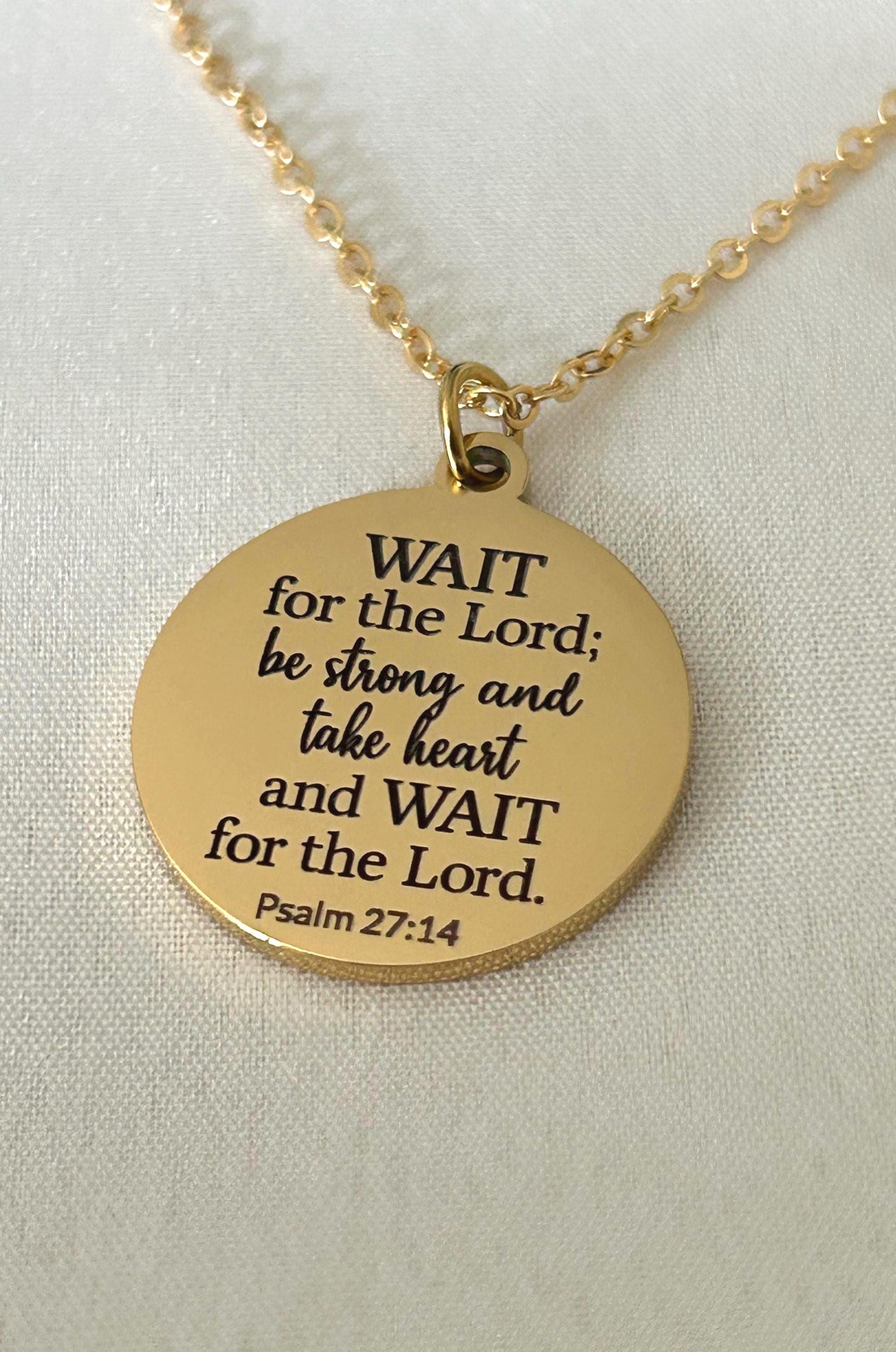 Bible Verse Necklace Psalm 27:14, Wait for The Lord, Christian Gifts, Personalized Necklace, Engraved Scripture Charm