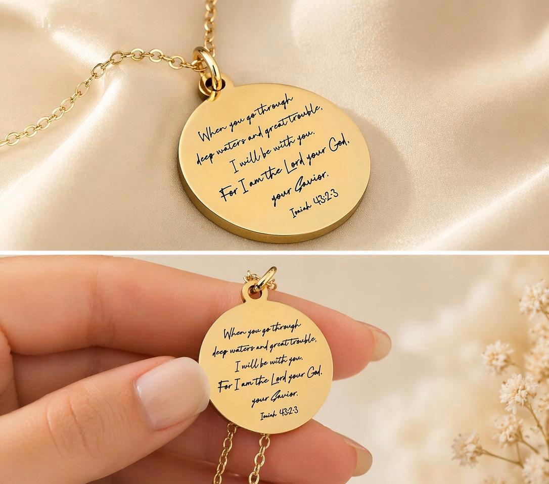 When You Go Through Deep Waters Necklace, Isaiah 43:2 Jewelry, Christian Encouragement Gift, Faith Necklace for Women, God Is With You Penda