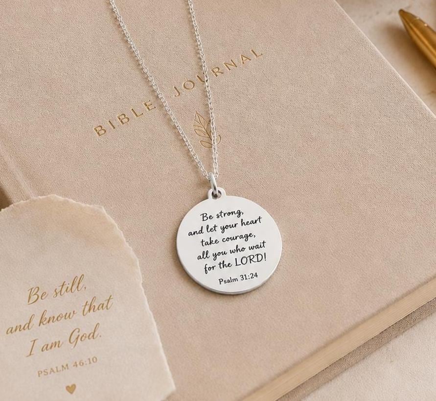 Be Strong and Let Your Heart Take Courage, Psalm 31:24 Necklace, Faith Gift for Women, Encouragement Gift, Christian Necklace