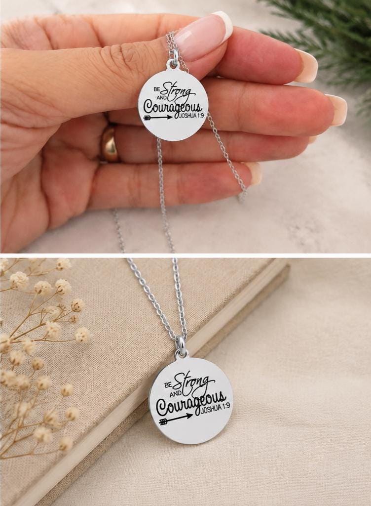 Strong and Courageous Joshua 1:9 Necklace | Christian Bible Verse Jewelry | Personalized Necklace | Faith Gift for Women, Spanish or English