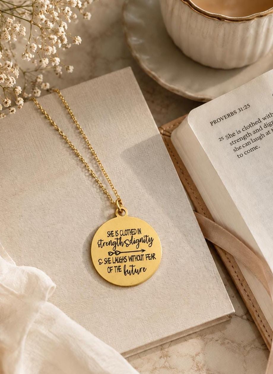 Proverbs 31:25 Necklace, She Is Clothed in Strength and Dignity Necklace, Christian Jewelry for Women, Faith Gift, Bible Verse Necklace