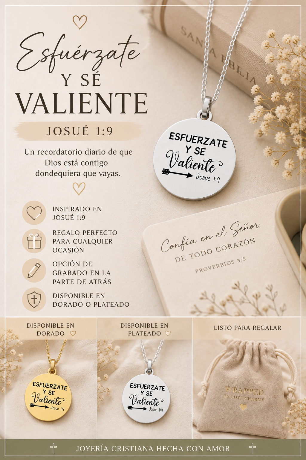 Collar Esfuérzate y Sé Valiente | Josué 1:9 | Collar Cristiano Personalizado | Joyería Cristiana Para Mujer | Regalo de Fe |