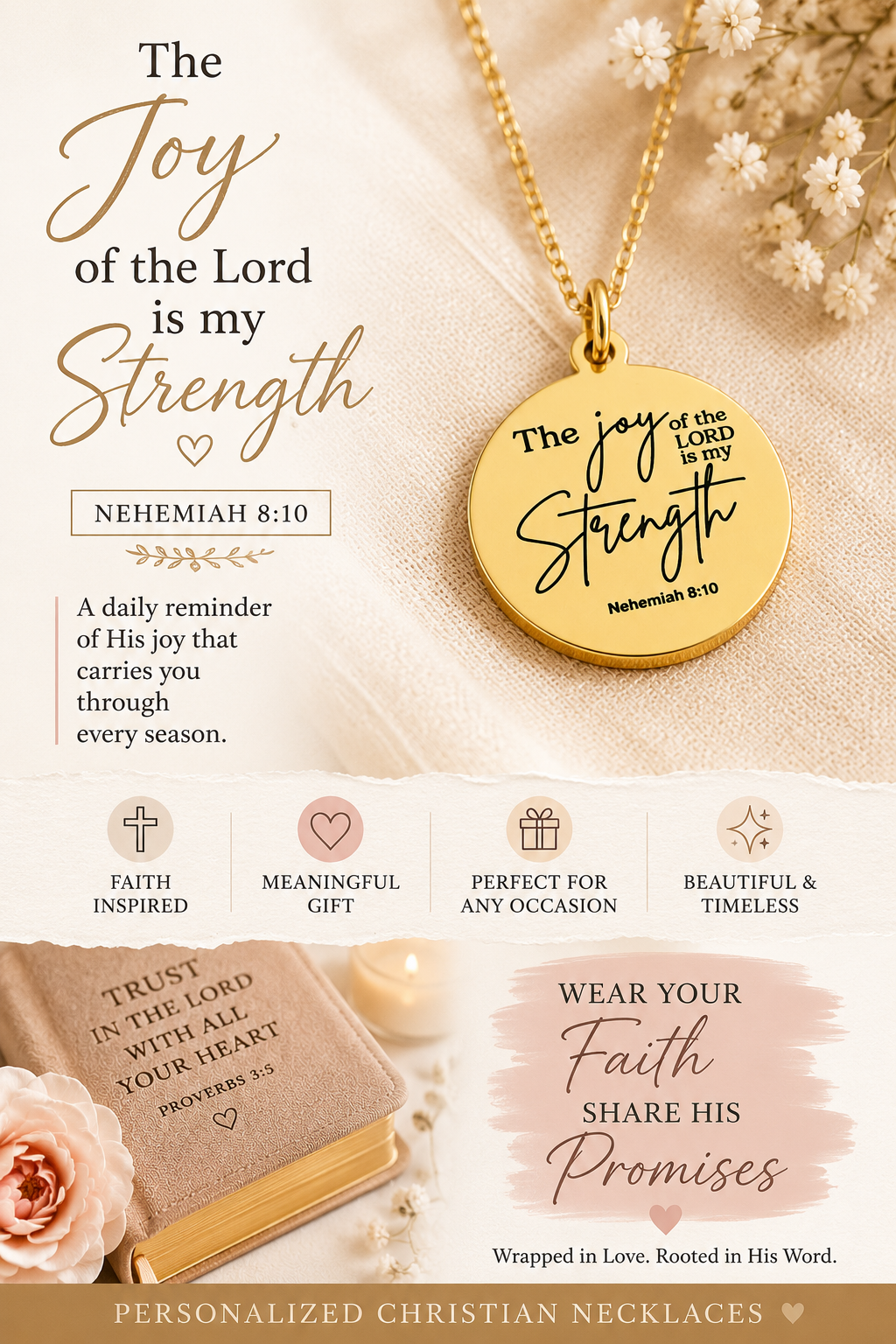 The Joy of the Lord Is My Strength Necklace | Nehemiah 8:10 Bible Verse Necklace | Christian Jewelry Gift for Women | Faith Inspired Scriptu
