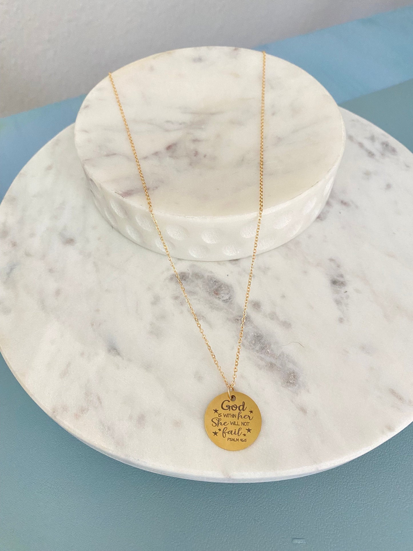 Engraved Gold Necklace, God is within her She will not Fail, Disc Pendant, Christian Jewelry, Baptism Gift, Motivational Graduation Gift