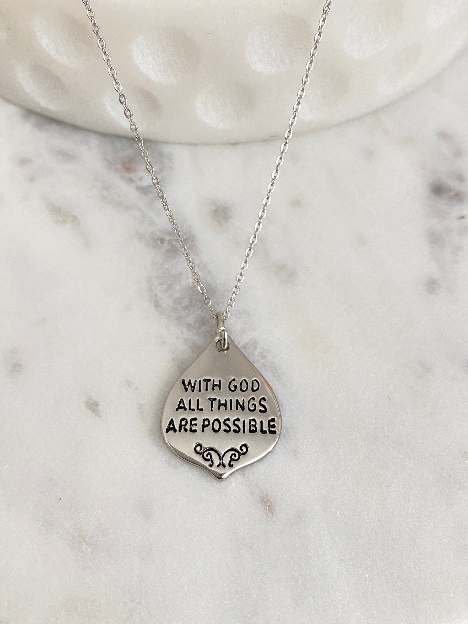 With God all Things are Possible Bible Verse Necklace, Christian Gifts, Scripture Jewelry, Faith Charms, Motivational Gifts, Mathew 19:26