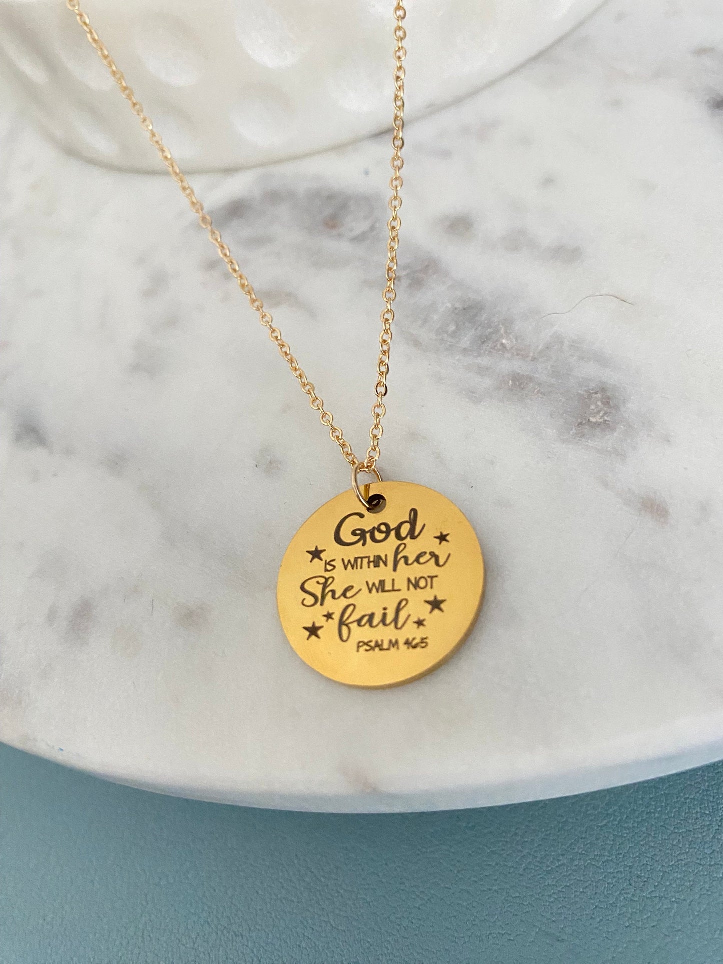 Engraved Gold Necklace, God is within her She will not Fail, Disc Pendant, Christian Jewelry, Baptism Gift, Motivational Graduation Gift