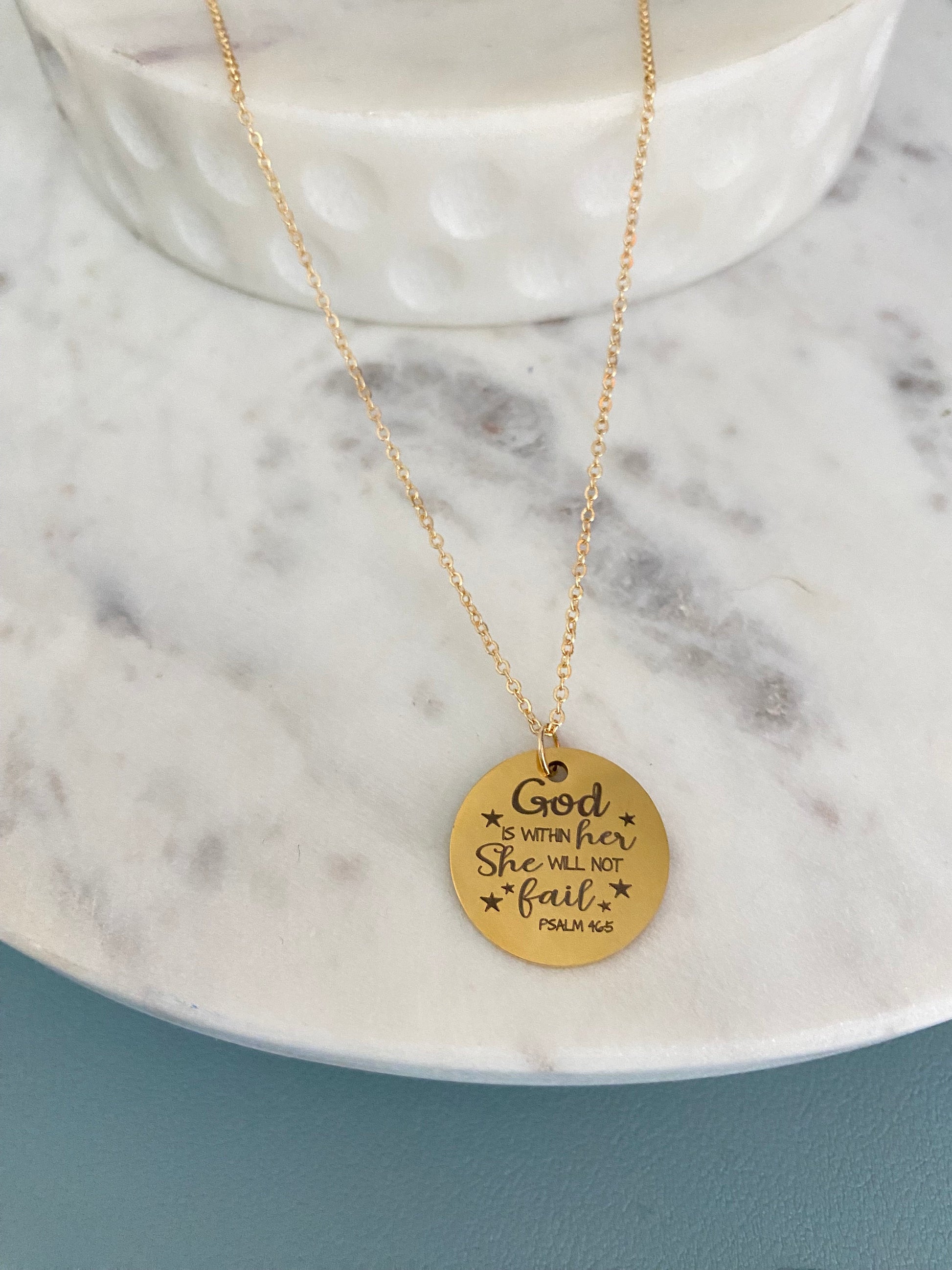 God is within Her She will not Fail Gold Necklace, Christian Jewelry, Scripture Pendant, Bible Verse Charm, Faith Gift, Gift for Daughter