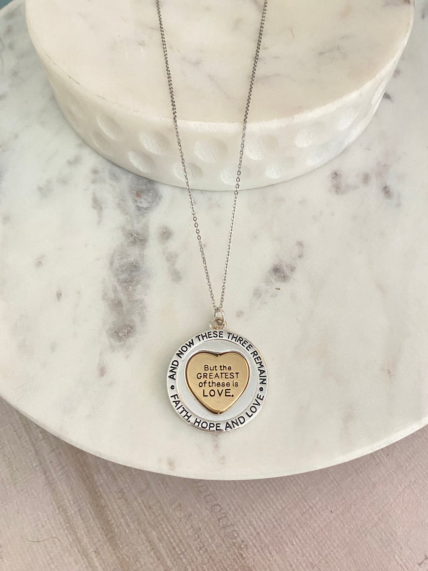 But the greatest of these is Love Bible Verse Spinner Necklace, Christian Gifts Jewelry, Motivational Scripture Charms, Faith Hope and Love