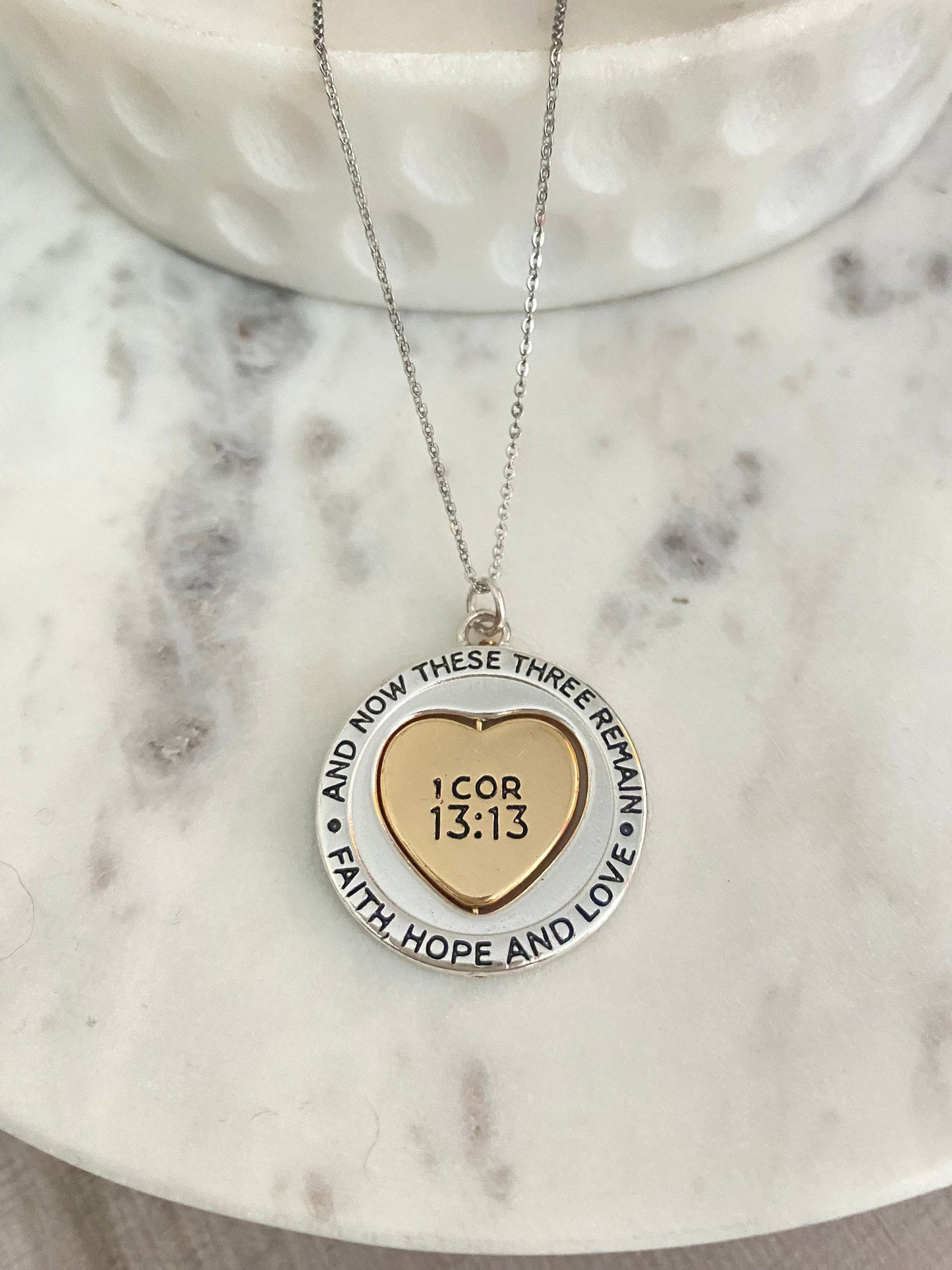 Faith Hope and love Bible Verse Spinner Necklace, 1 Corinthians 13:13, Christian Gifts, Scripture jewelry, Love Necklace, gift for Her