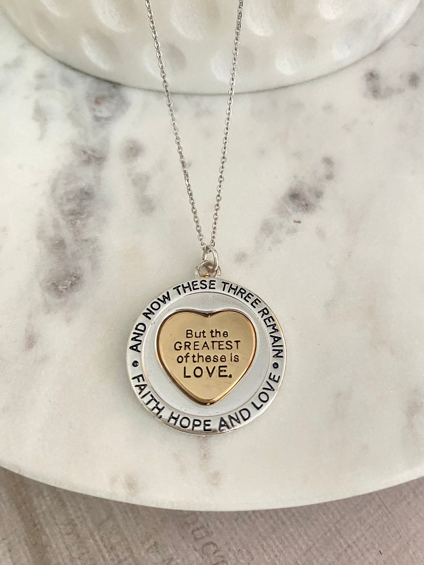 Faith Hope and love Bible Verse Spinner Necklace, 1 Corinthians 13:13, Christian Gifts, Scripture jewelry, Love Necklace, gift for Her