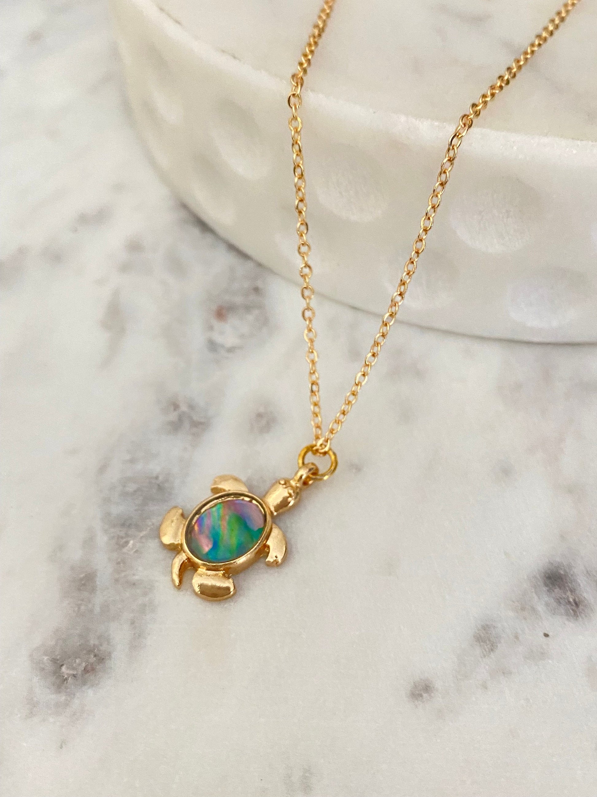 Dainty Abalone Sea Turtle Necklace, 16K Gold Plated, Beach Gift, Turtle Jewelry, Sea Charms, Minimalist Gold Necklace, turtle lovers gift