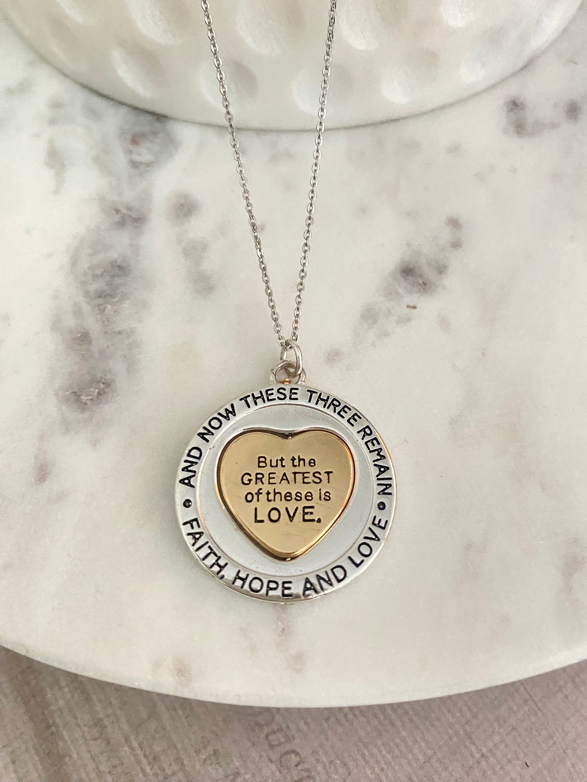 But the greatest of these is Love Bible Verse Spinner Necklace, Christian Gifts Jewelry, Motivational Scripture Charms, Faith Hope and Love