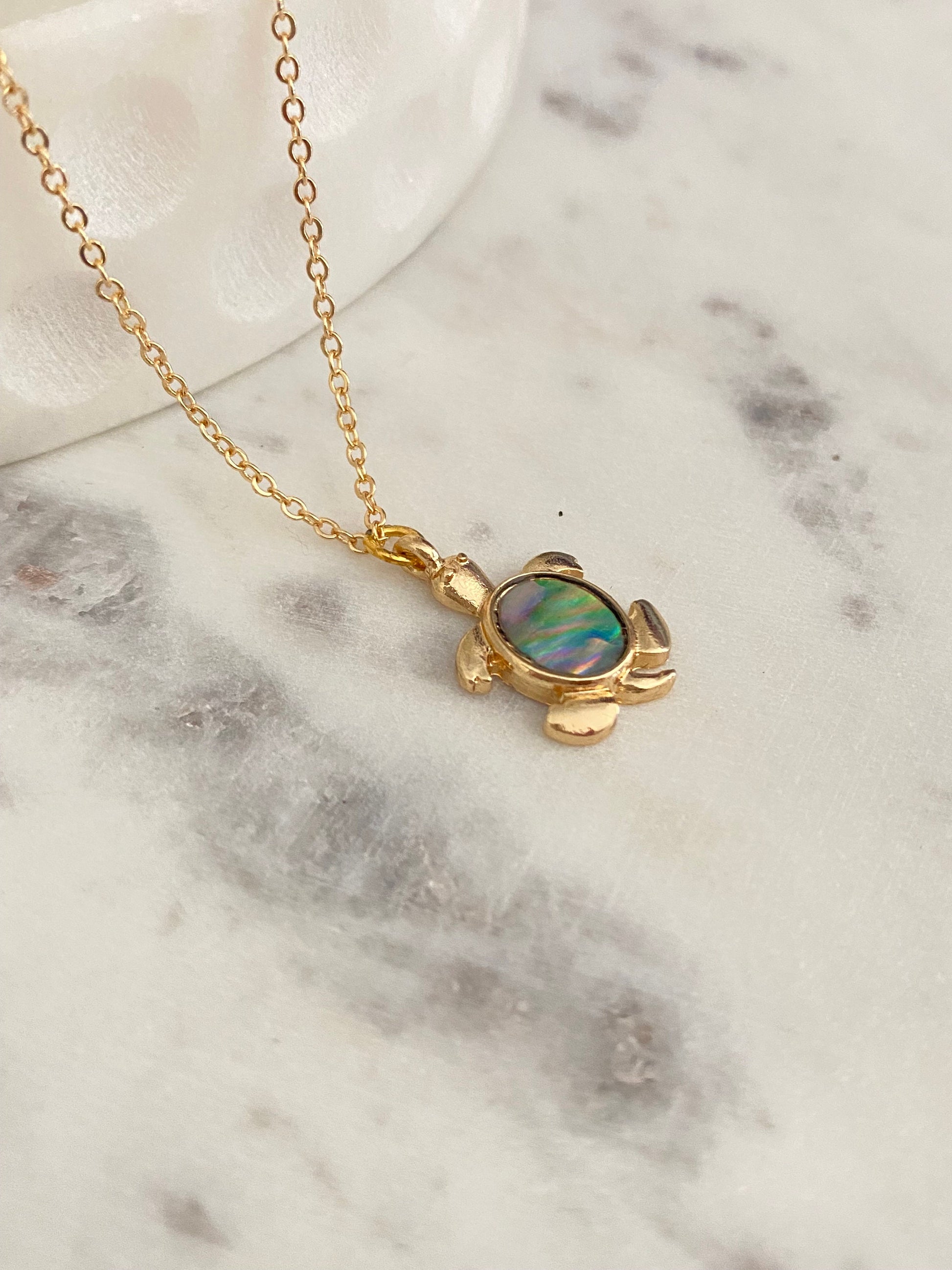 Dainty Abalone Sea Turtle Necklace, 16K Gold Plated, Beach Gift, Turtle Jewelry, Sea Charms, Minimalist Gold Necklace, turtle lovers gift