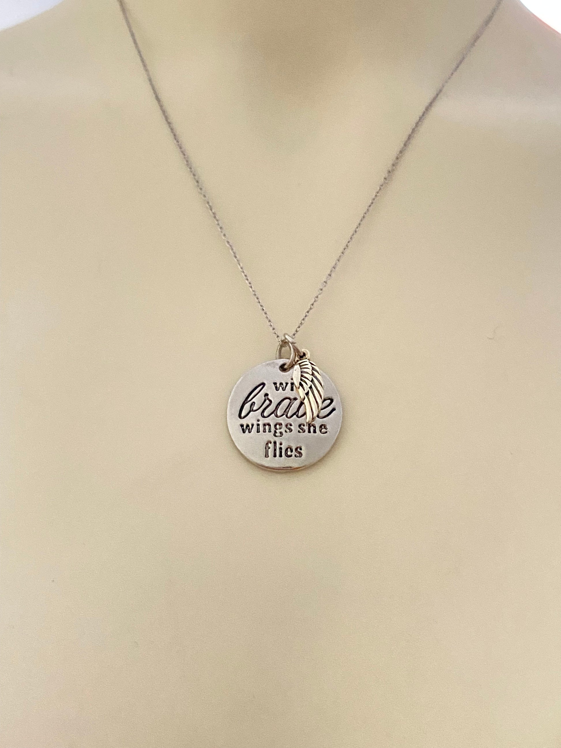 With Brave Wings She Flies Angel Wing Inspirational Necklace, Inspirational Quote Necklace, Graduation Gift, Brave Charm