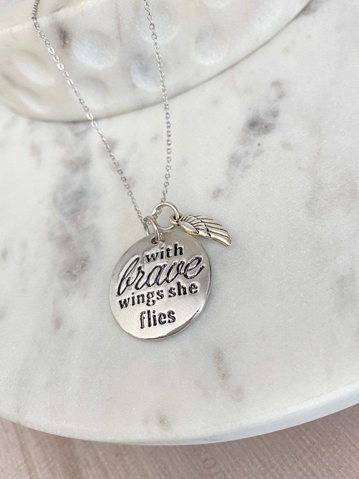 With Brave Wings She Flies Angel Wing Inspirational Necklace, Inspirational Quote Necklace, Graduation Gift, Brave Charm