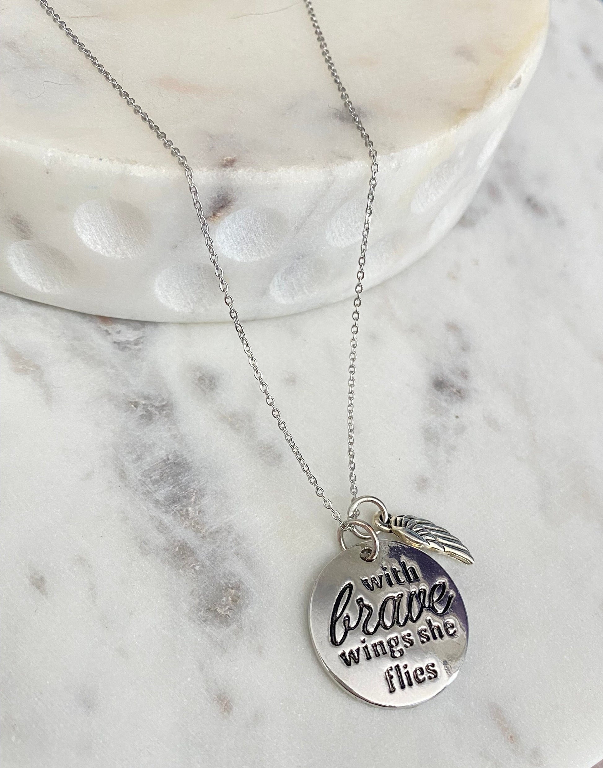 With Brave Wings She Flies Angel Wing Inspirational Necklace, Inspirational Quote Necklace, Graduation Gift, Brave Charm