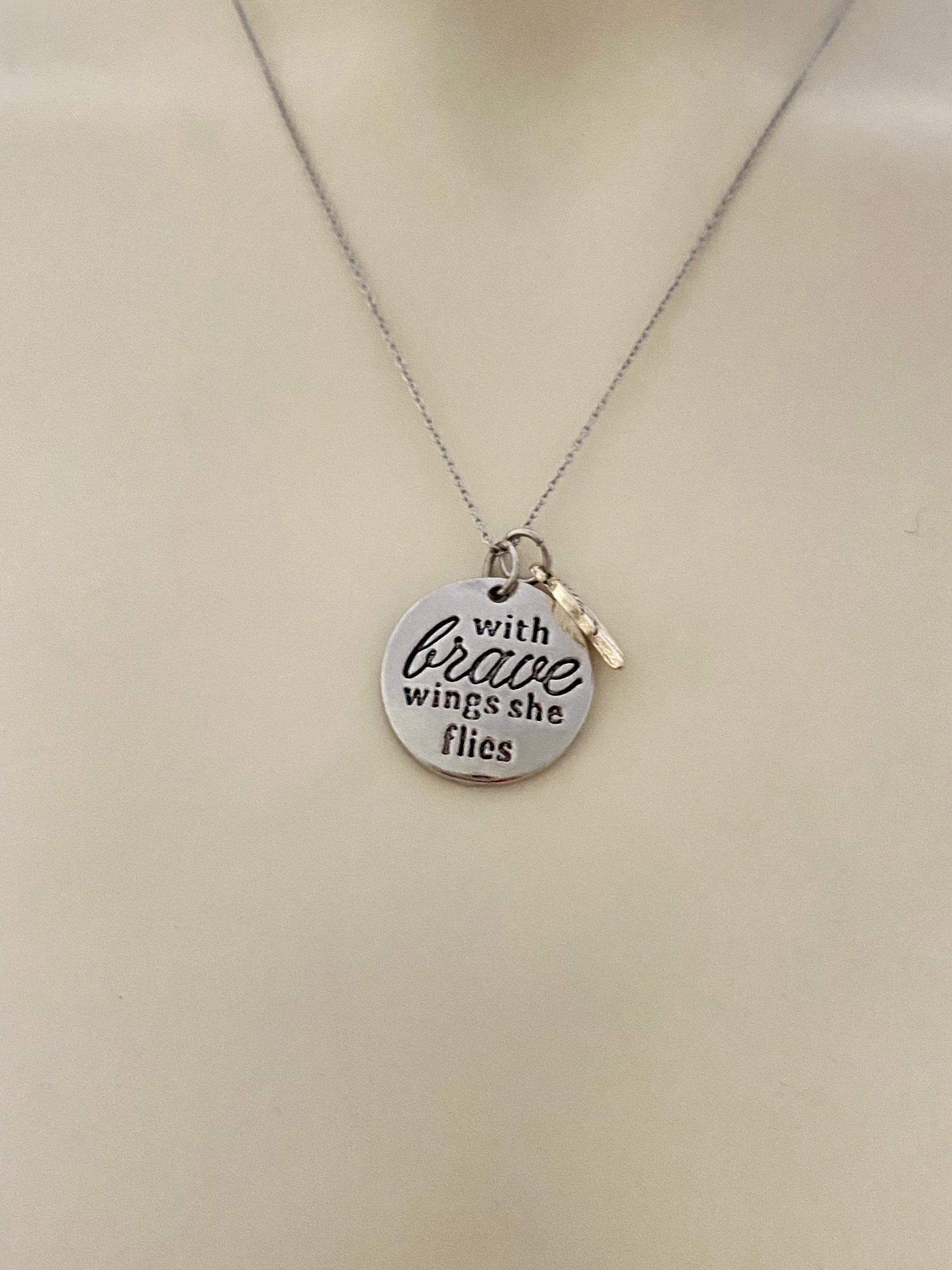 With Brave Wings She Flies Angel Wing Inspirational Necklace, Inspirational Quote Necklace, Graduation Gift, Brave Charm