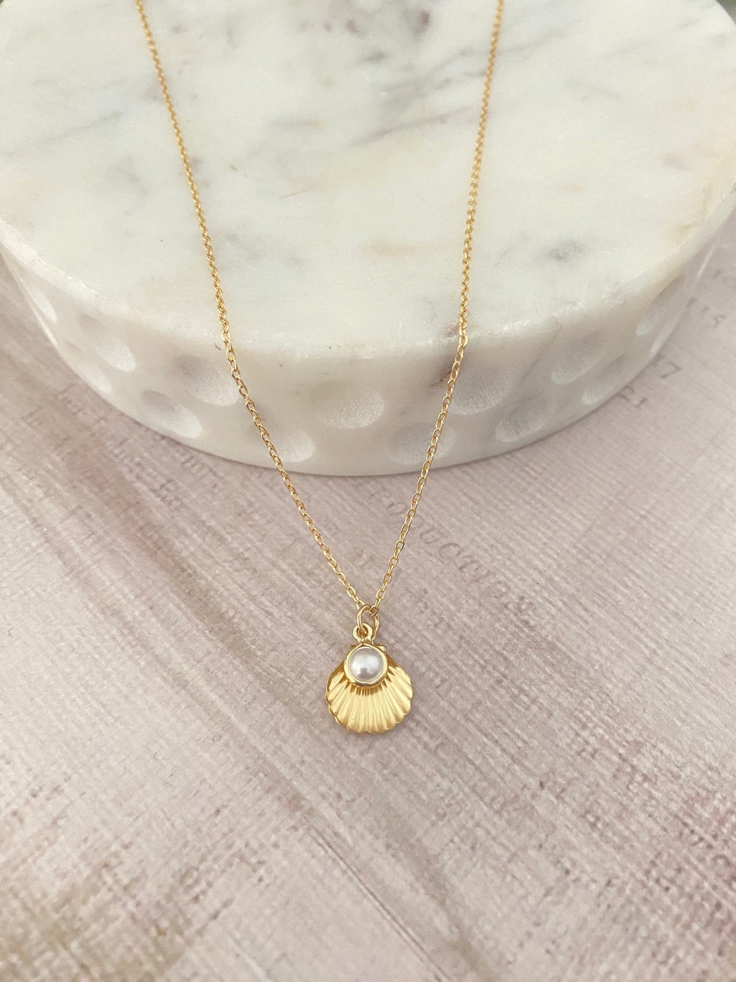 Dainty Gold Seashell and Pearl Necklace Tiny Pendant Beach Gift Sea Charms Scallop Shell Summer Jewelry 16K Gold Plated minimalist