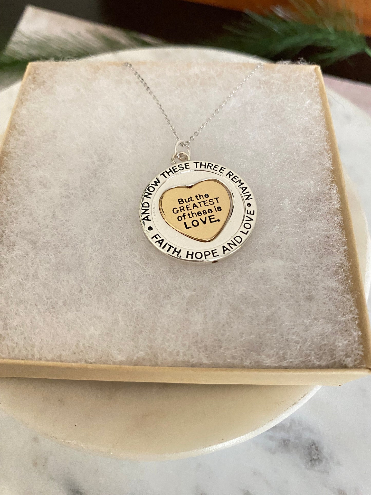 Faith Hope and love Bible Verse Spinner Necklace, 1 Corinthians 13:13, Christian Gifts, Scripture jewelry, Love Necklace, gift for Her