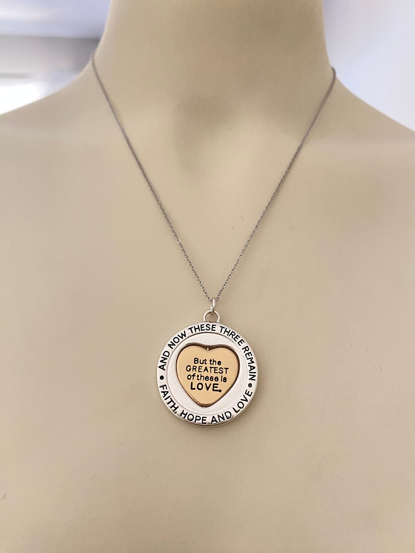 Faith Hope and love Bible Verse Spinner Necklace, 1 Corinthians 13:13, Christian Gifts, Scripture jewelry, Love Necklace, gift for Her