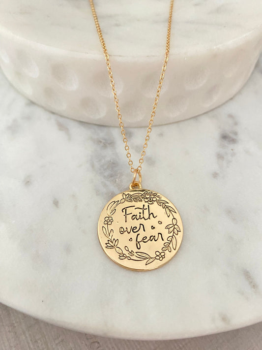 Faith Over Fear Gold Disc Necklace, Engraved Christian Jewelry Gifts, Faith Necklace, gift for Mom