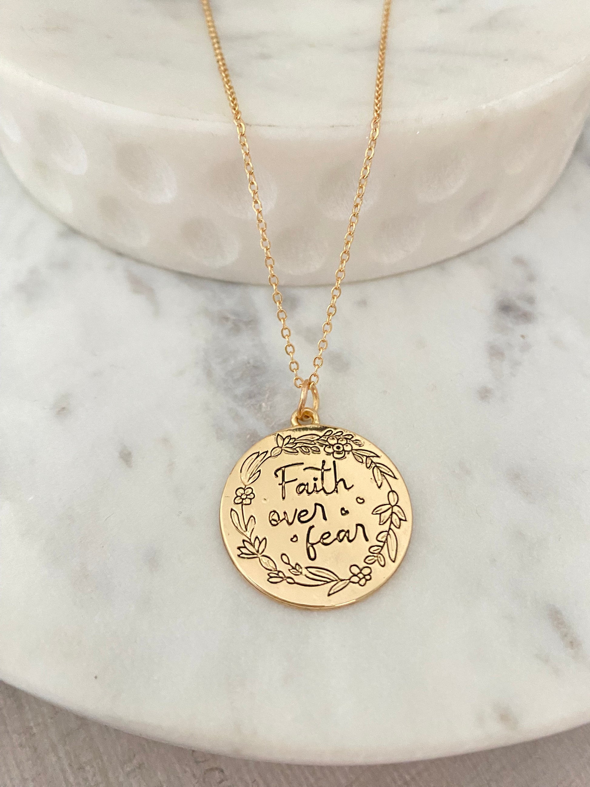 Faith Over Fear Gold Coin Necklace, Engraved Floral Necklace, Christian Gifts, Scripture Faith jewelry, gift for mom, Mother’s Day