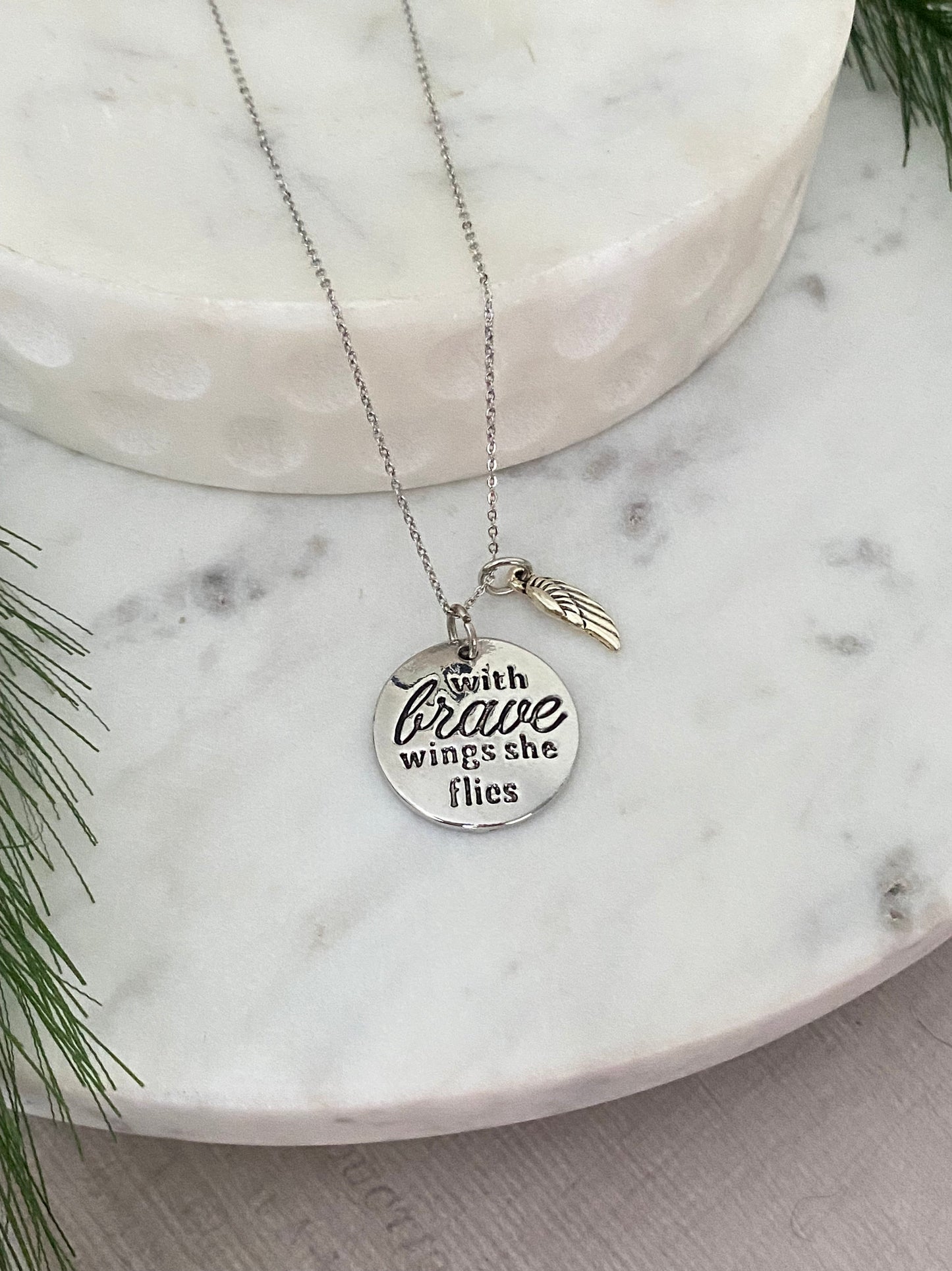 With Brave Wings She Flies Angel Wing Inspirational Necklace, Inspirational Quote Necklace, Graduation Gift, Brave Charm