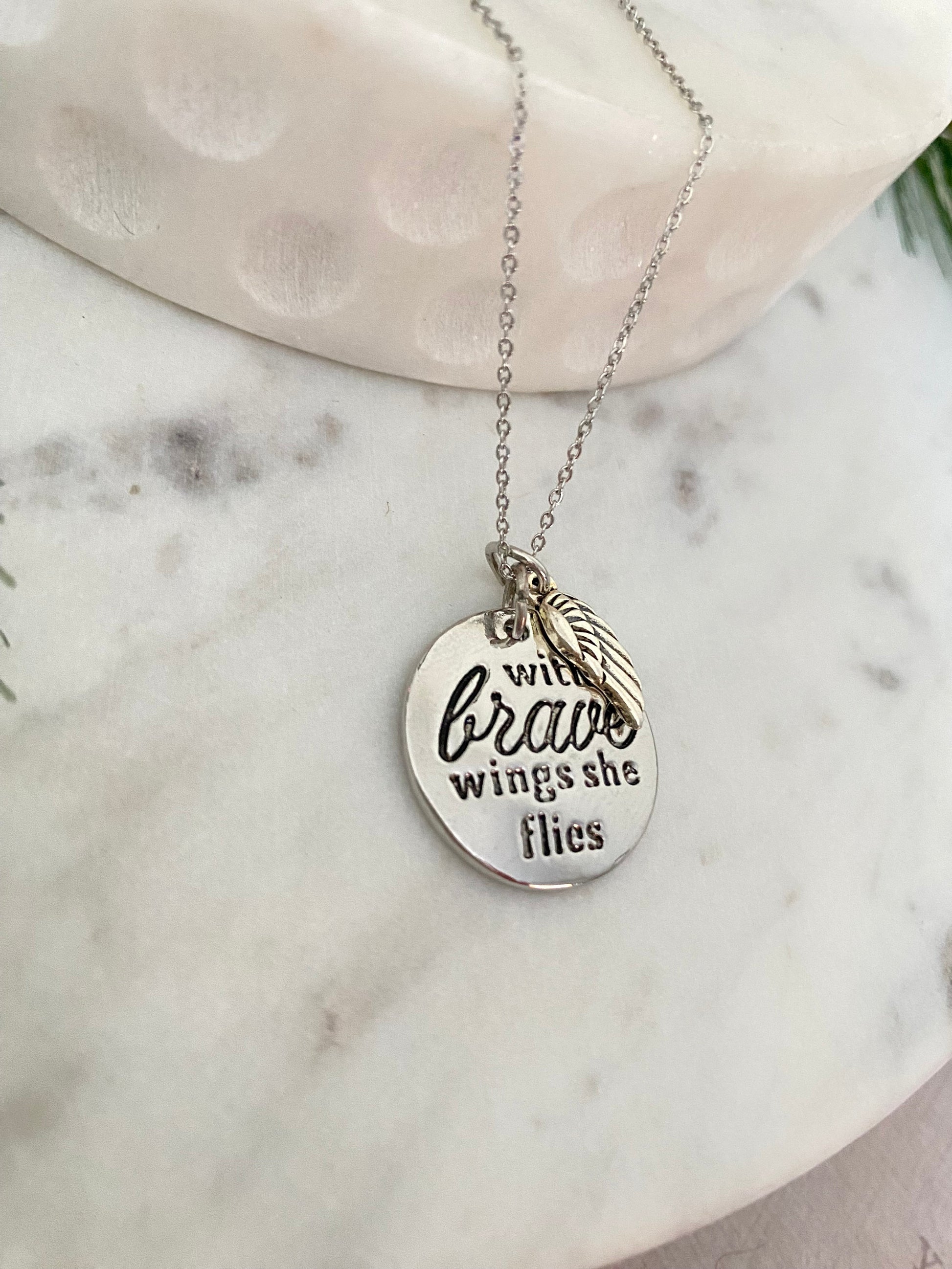 With Brave Wings She Flies Angel Wing Inspirational Necklace, Inspirational Quote Necklace, Graduation Gift, Brave Charm