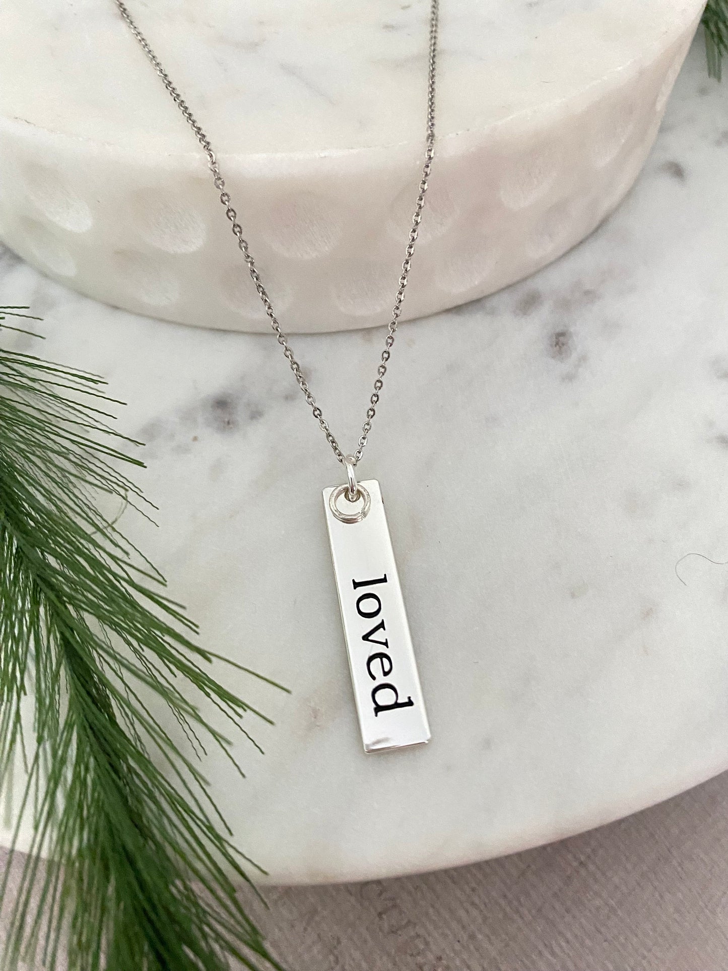 Loved Silver Bar Necklace, Motivational Inspirational Jewelry, minimalist, engraved bar necklace, Affirmation Christian Jewelry, self care