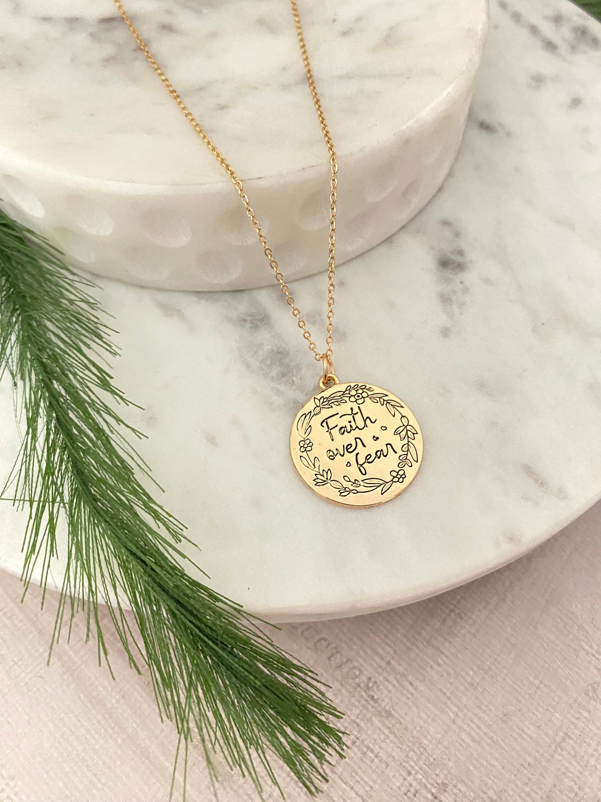 Faith Over Fear Gold Coin Necklace, Engraved Floral Necklace, Christian Gifts, Scripture Faith jewelry, gift for mom, Mother’s Day