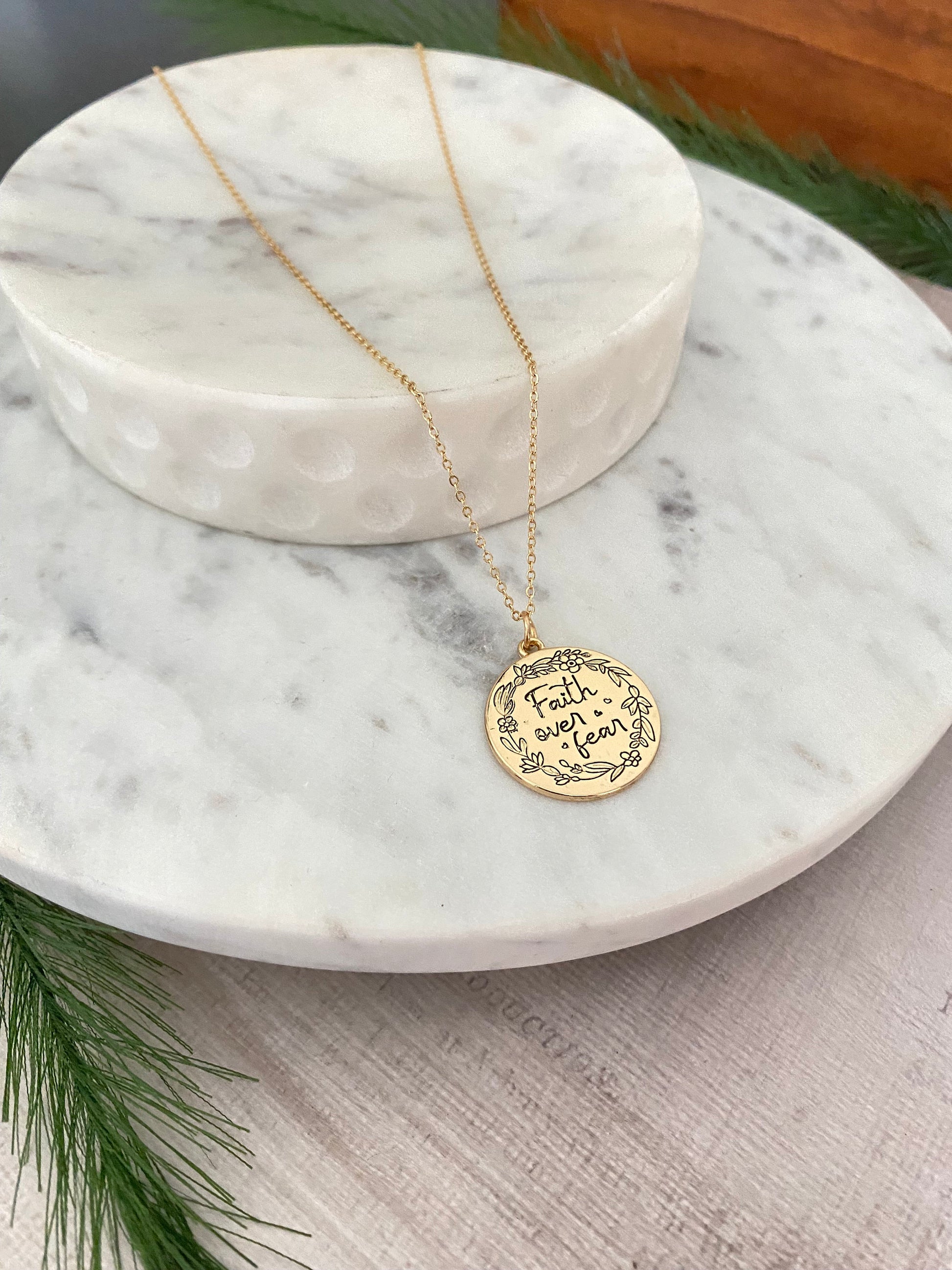 Faith Over Fear Gold Coin Necklace, Engraved Floral Necklace, Christian Gifts, Scripture Faith jewelry, gift for mom, Mother’s Day