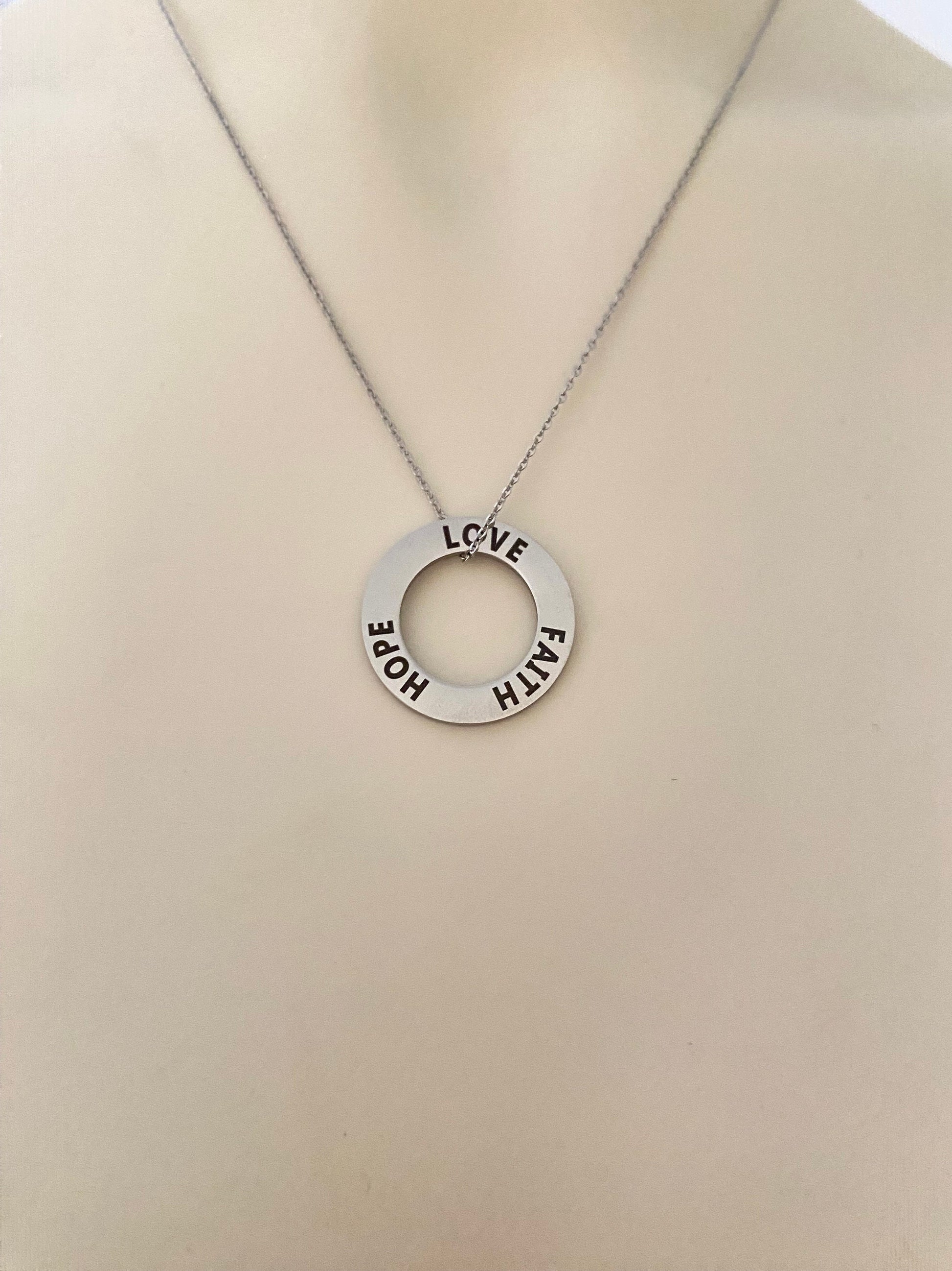 Faith Hope and Love Open Circle Silver Necklace, Bible Verse charm, Motivational Pendant, Christian Inspirational Jewelry, Scripture gift