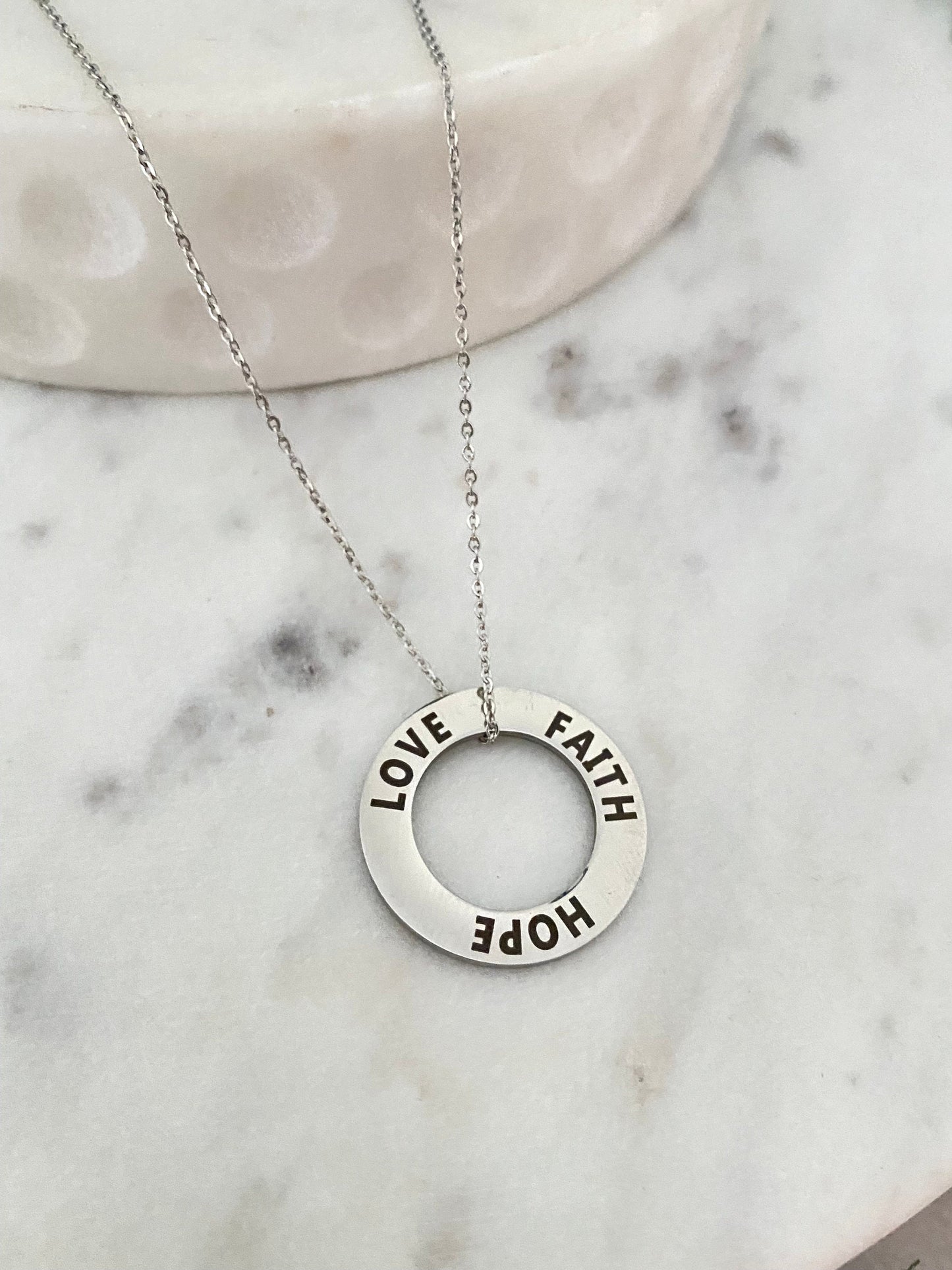 Faith Hope and Love Open Circle Silver Necklace, Bible Verse charm, Motivational Pendant, Christian Inspirational Jewelry, Scripture gift