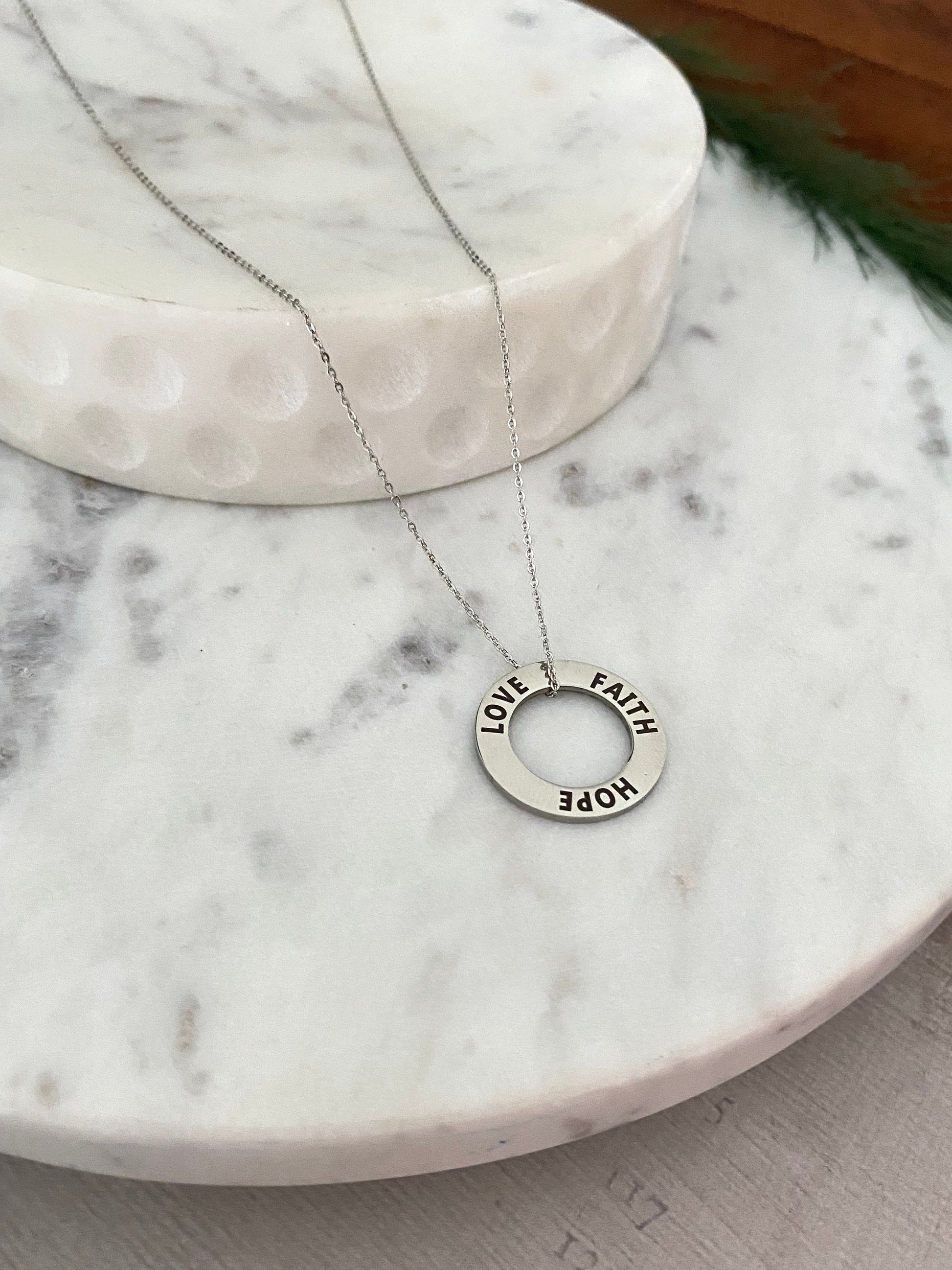 Faith Hope and Love Open Circle Silver Necklace, Bible Verse charm, Motivational Pendant, Christian Inspirational Jewelry, Scripture gift