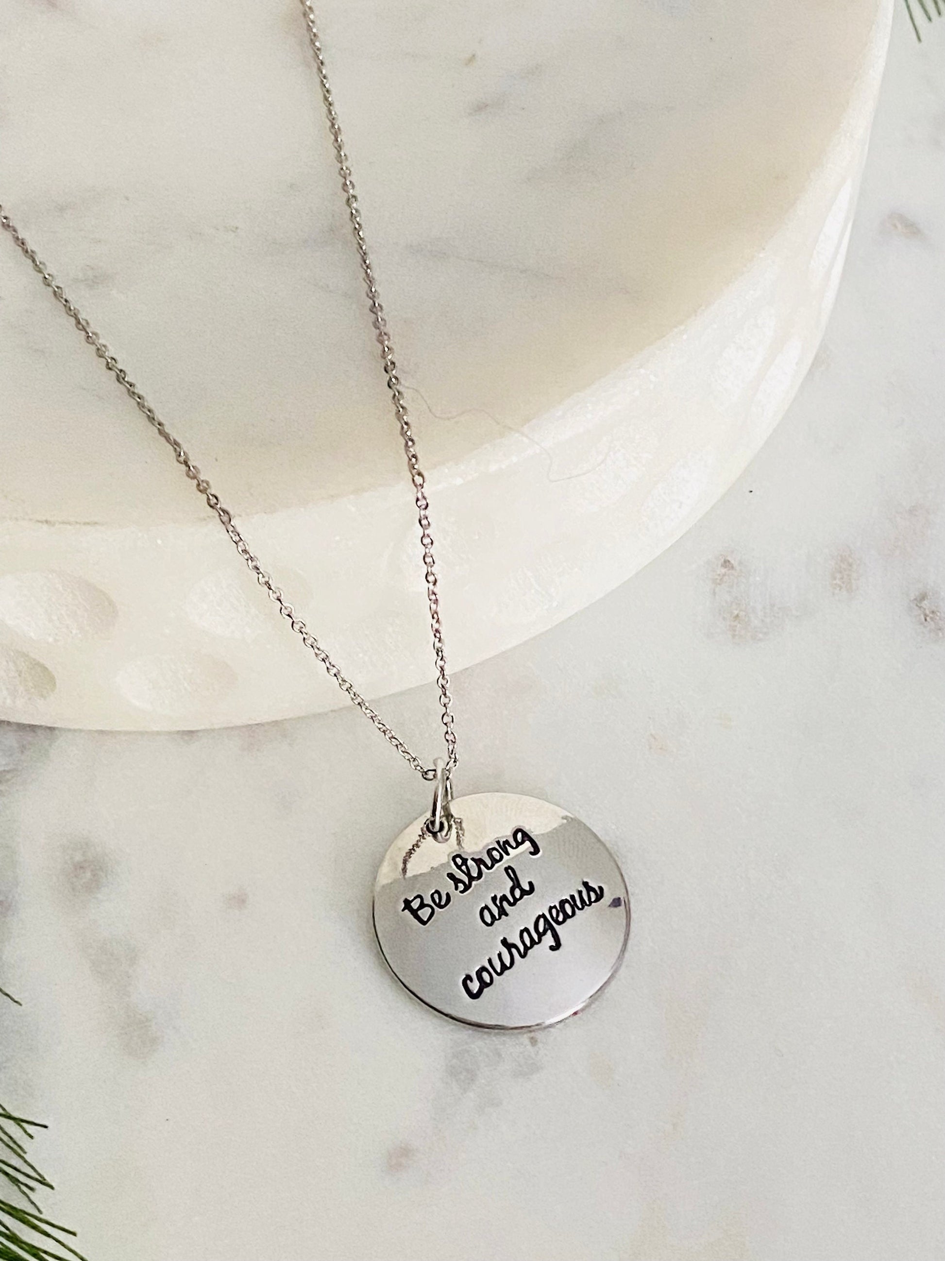 Be Strong And Courageous Silver Bible Verse Necklace, Christian Jewelry Gifts, Scripture Pendant, Baptism Necklace, Joshua 1:9