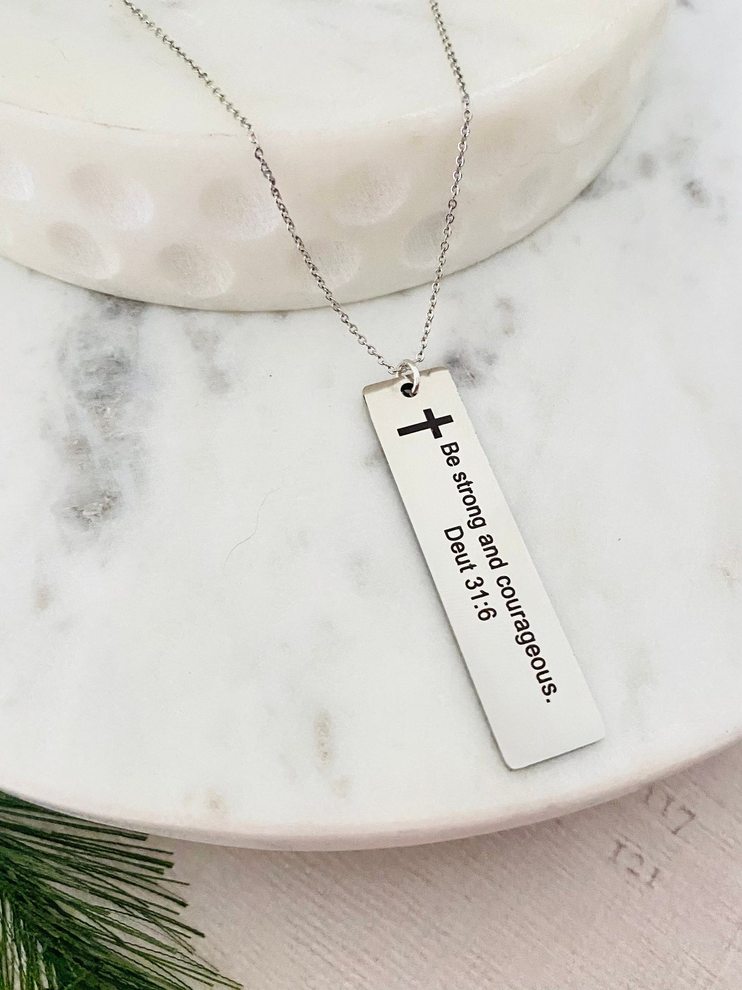 Be Strong And Courageous Scripture Bar Necklace, Bible Verse Encouragement Jewelry Gift, Inspire Graduation Gift, Baptism